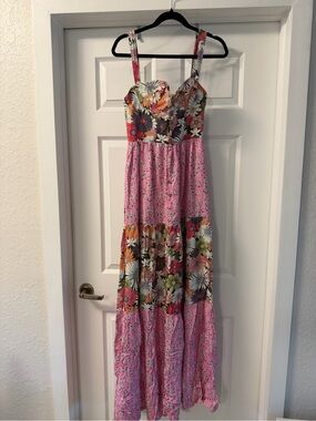 Agua Bendita Alani Java Floral Mix Media Maxi Dress Bloom Tiered Medium NWT